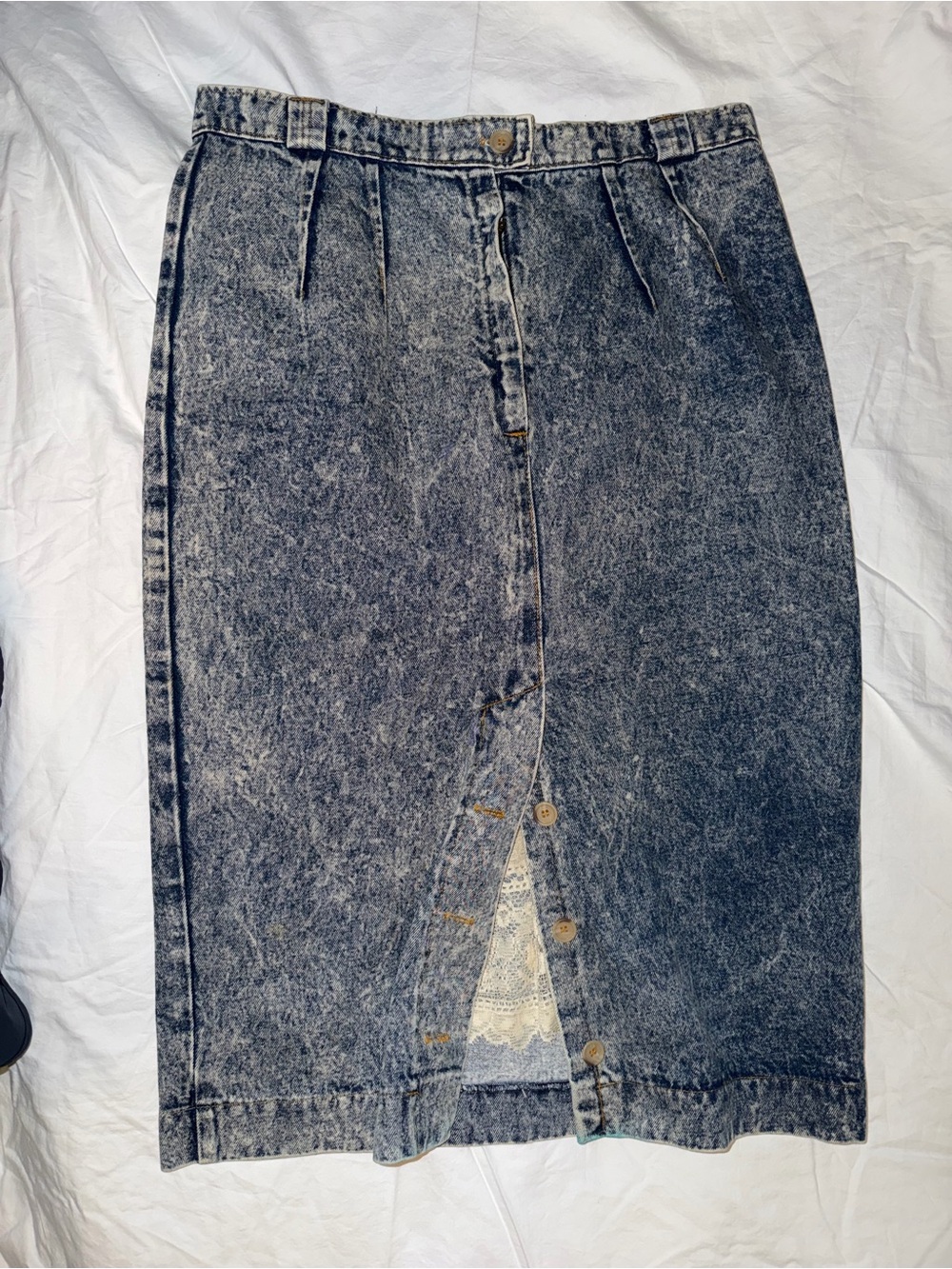 Vintage Venezia Acid Wash Denim Midi Skirt Size 18 Lace Inset Button Front - Picture 2 of 12